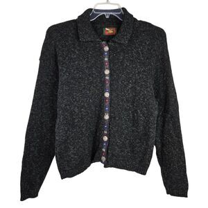Vtg Alps Wool Blend Cardigan Sweater XL Heather Black Floral Trim
